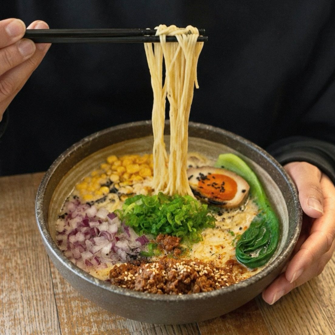 Ramen-Nudeln werden mit Stäbchen aus der Schale gehoben